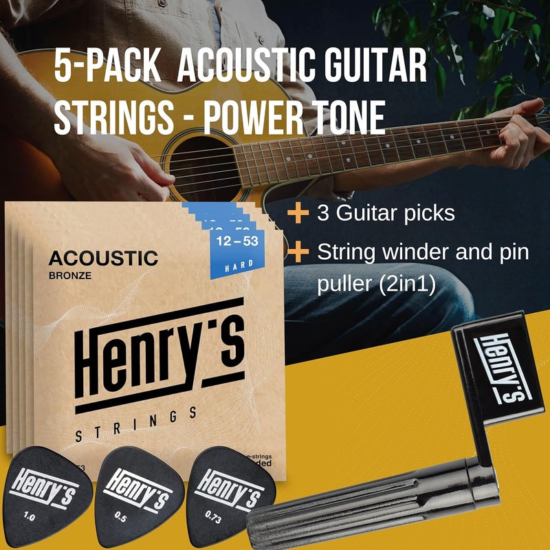 Henry's Strings 4+1 Acoustic Guitar Strings PowerTone - Deep & Rich Sound - String Winder & 3x Picks & Extra 5xE1 Strings - Acoustic Guitar 6 Strings Set 12-53 - Image 2